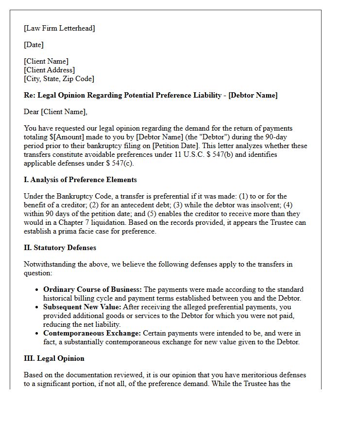 Bankruptcy Preference Opinion Letter