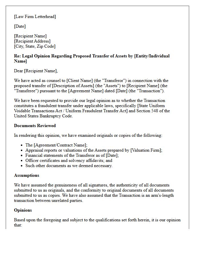 Fraudulent Transfer Opinion Letter