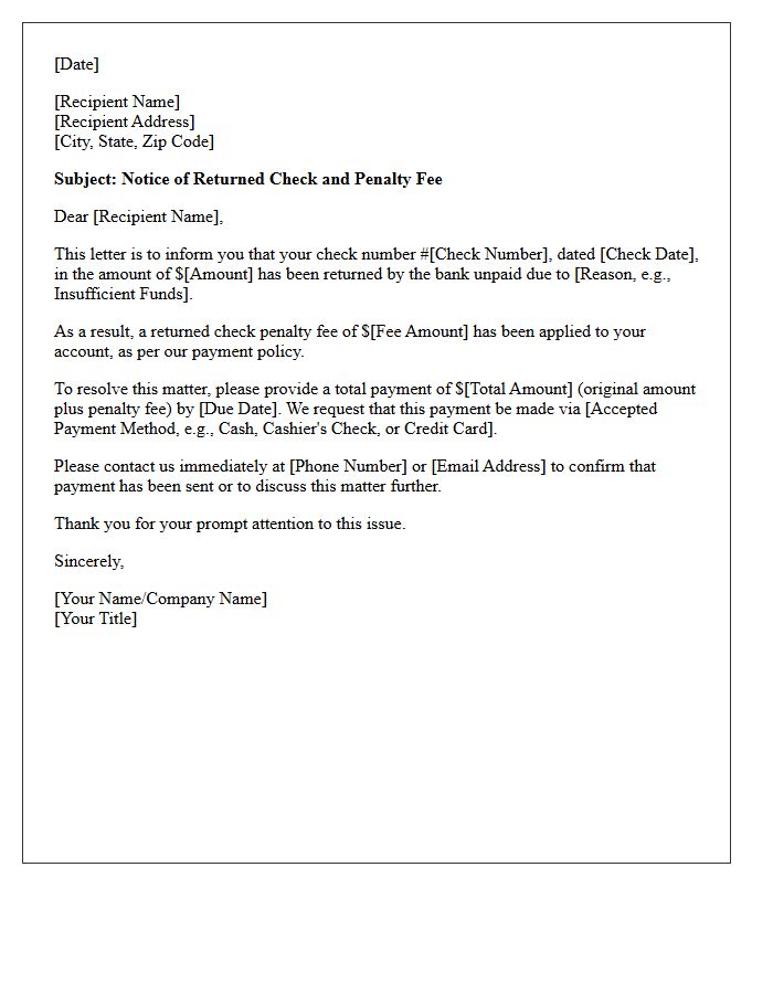 Subject: Notice of Returned Check and Penalty Fee