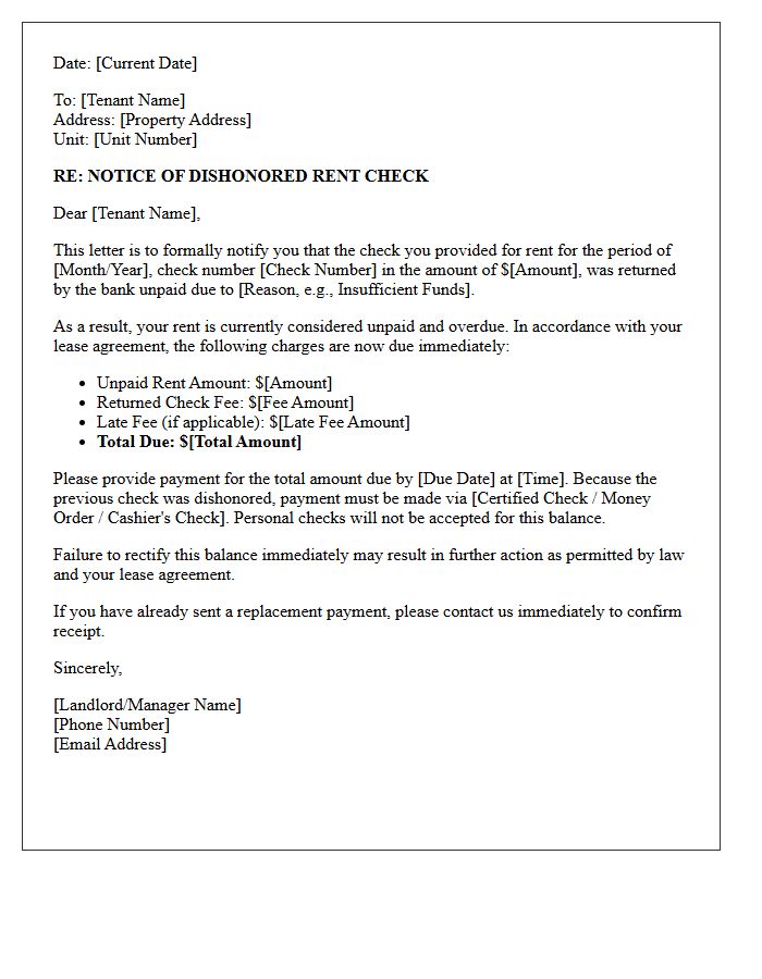 Notification of the Dishonored Rent Check