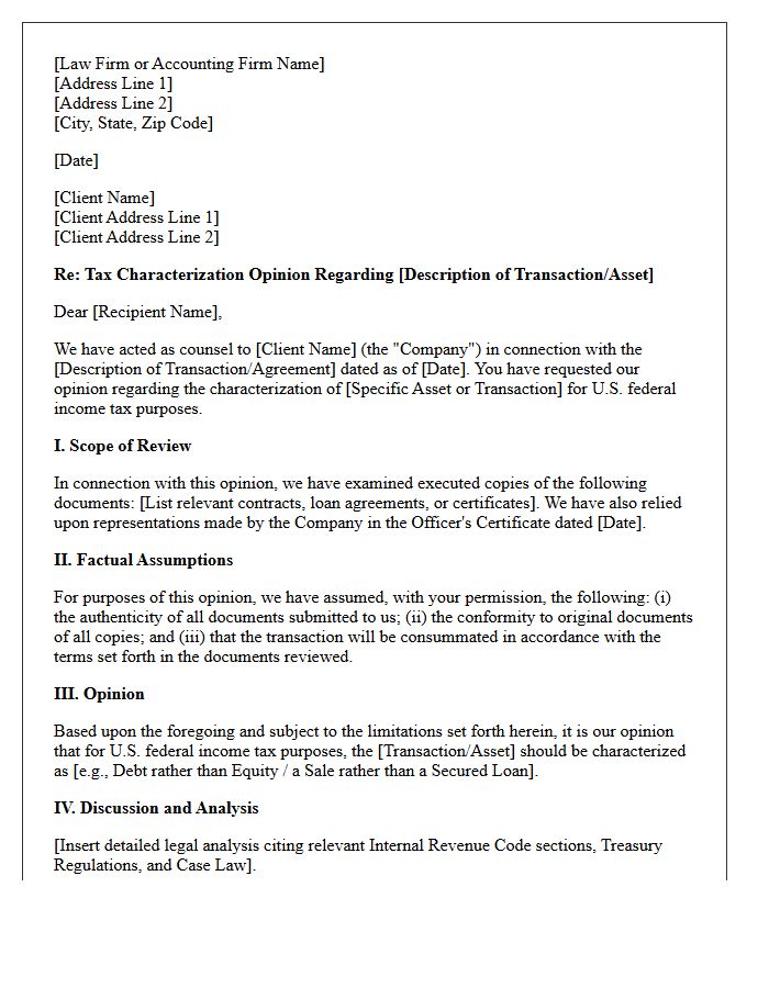Tax Characterization Opinion Letter