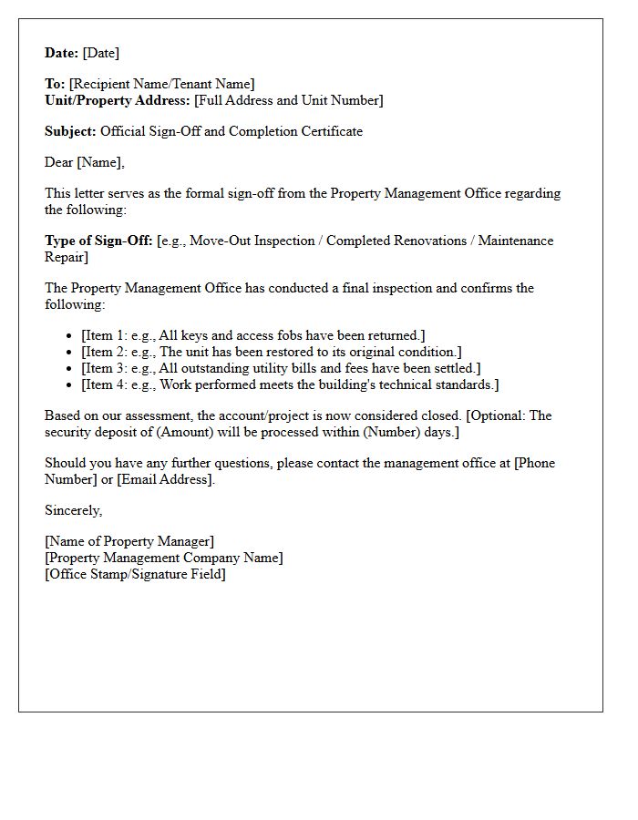 Sign-Off by the Property Management Office