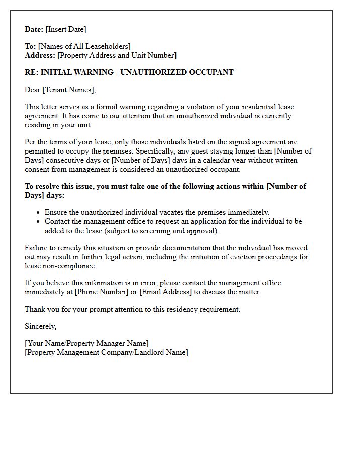 Initial Warning Letter for Unauthorized Occupant