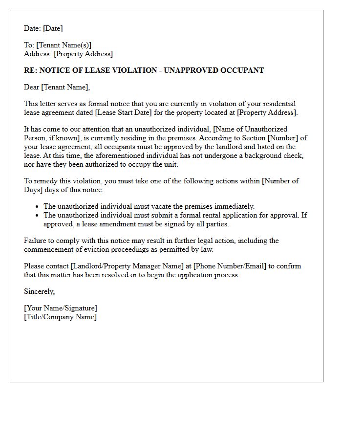 Letter of Notice Regarding Unapproved Roommate