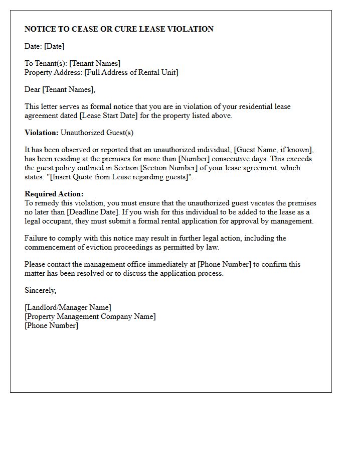 Lease Violation Letter for Unauthorized Guest