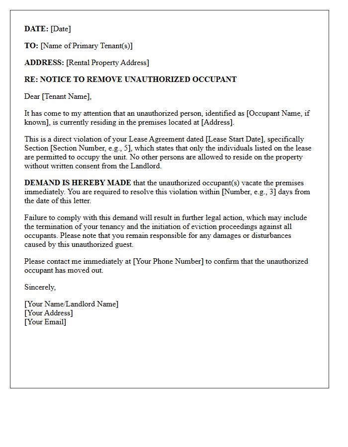 Demand Letter for Removal of Unauthorized Resident