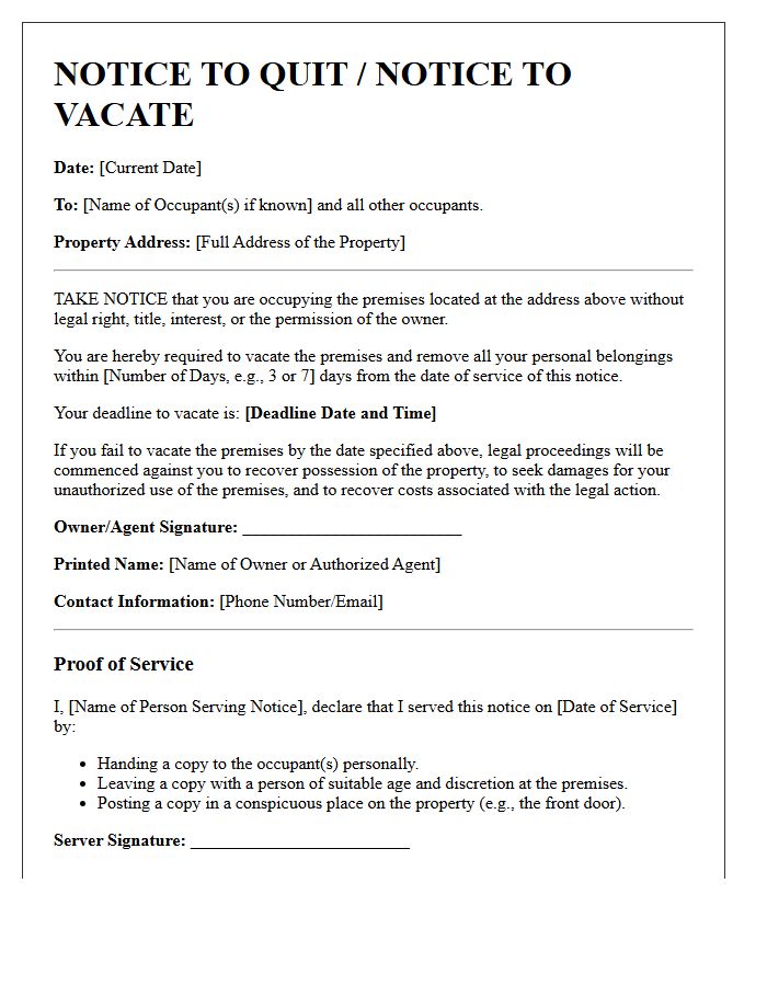 Notice to Quit Letter for Squatter Eviction