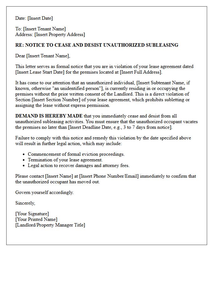 Unauthorized Subtenant Cease and Desist Letter