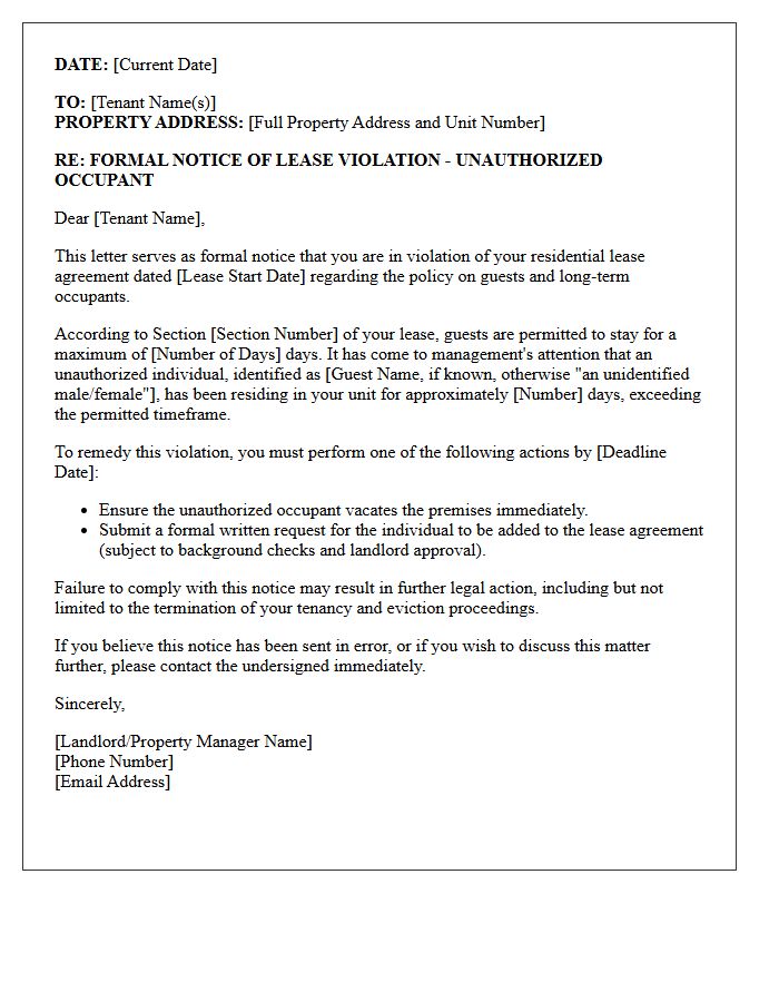 Letter of Formal Notice for Long-Term Guest Violation