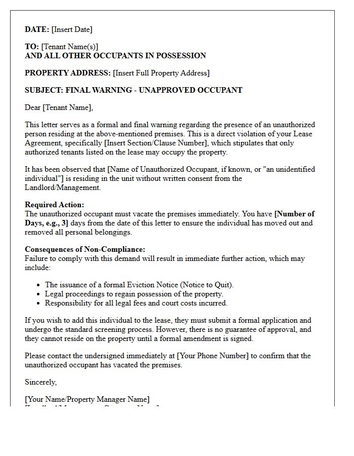 Final Warning Letter to Evict Unapproved Occupant