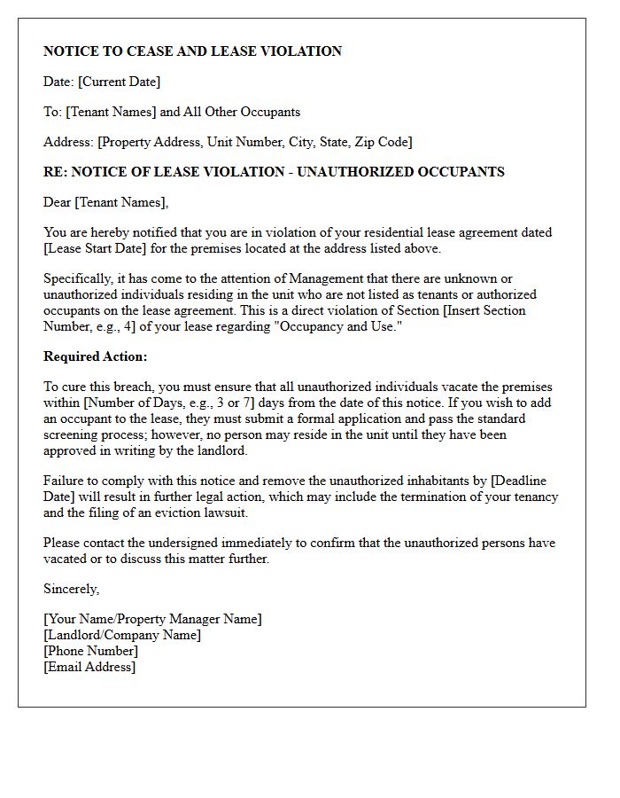 Notice of Lease Breach Letter for Unknown Inhabitants