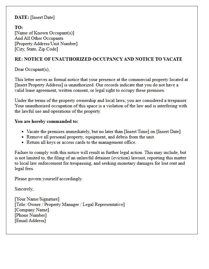 Commercial Property Unauthorized Occupant Warning Letter