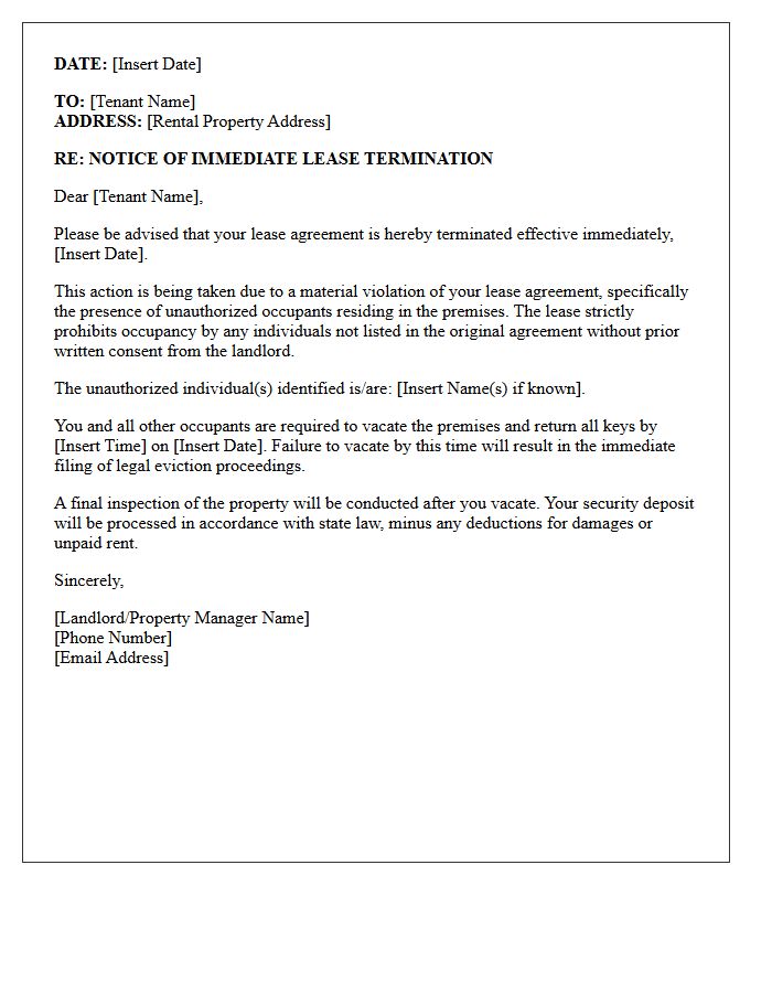 Immediate Termination Letter Due to Unauthorized Occupancy