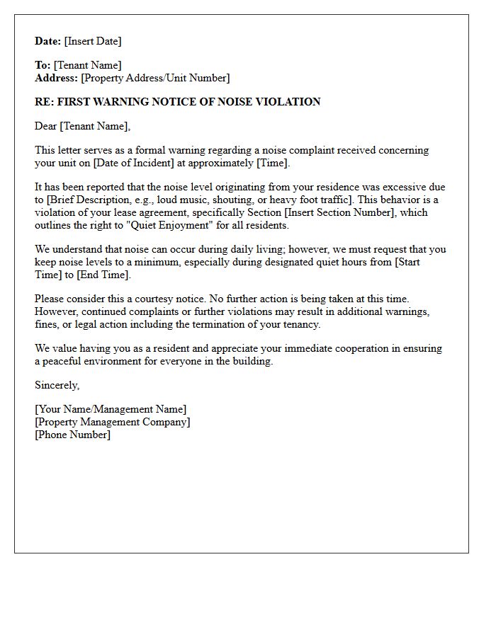First Warning Notice of Noise Complaint Violation Letter