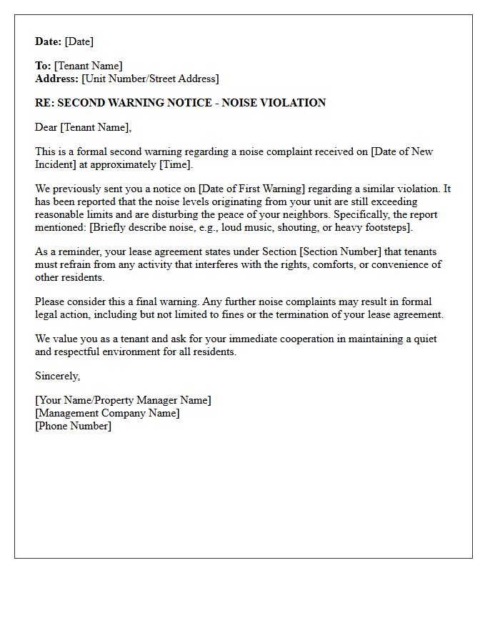 Second Warning Notice of Noise Complaint Violation Letter