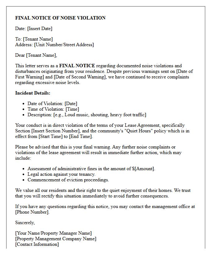 Final Notice of Noise Complaint Violation Letter