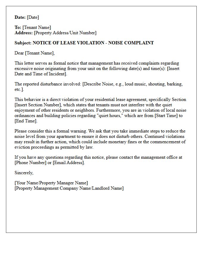 Formal Tenant Notice of Noise Complaint Violation Letter