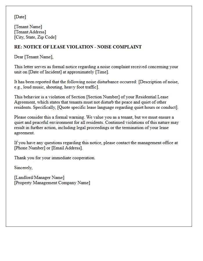 Residential Lease Notice of Noise Complaint Violation Letter