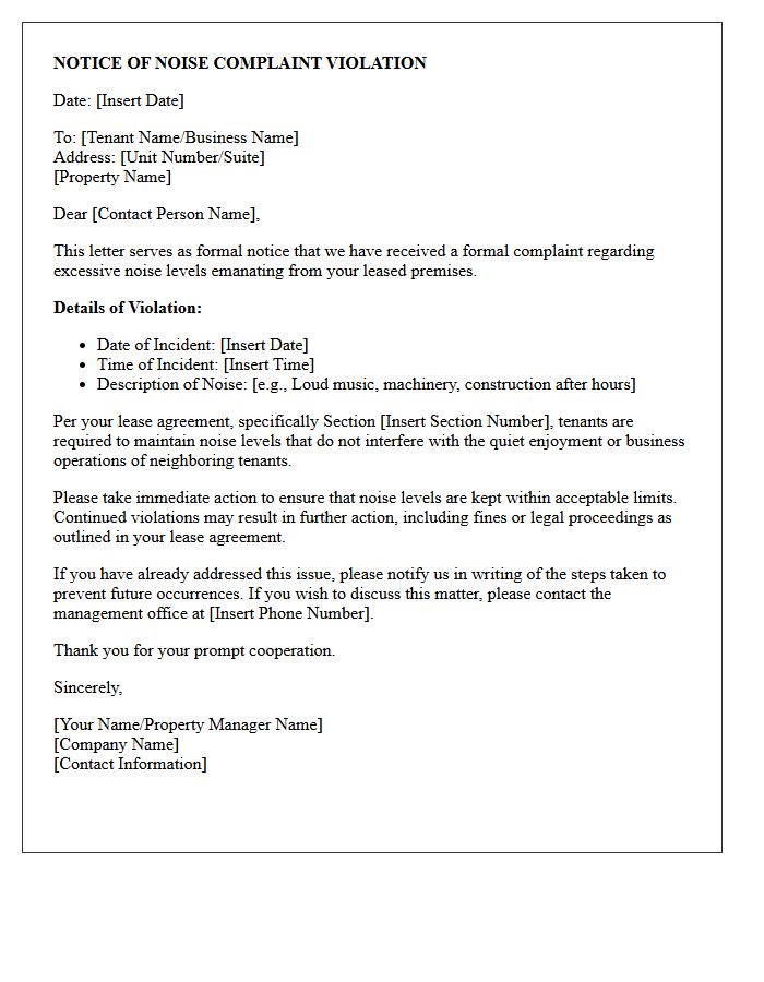 Commercial Property Notice of Noise Complaint Violation Letter