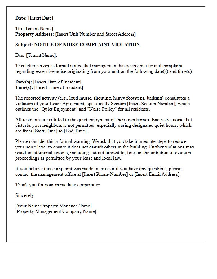 Property Management Notice of Noise Complaint Violation Letter