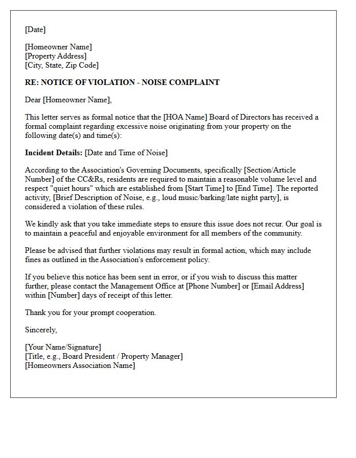 Homeowners Association Notice of Noise Complaint Violation Letter