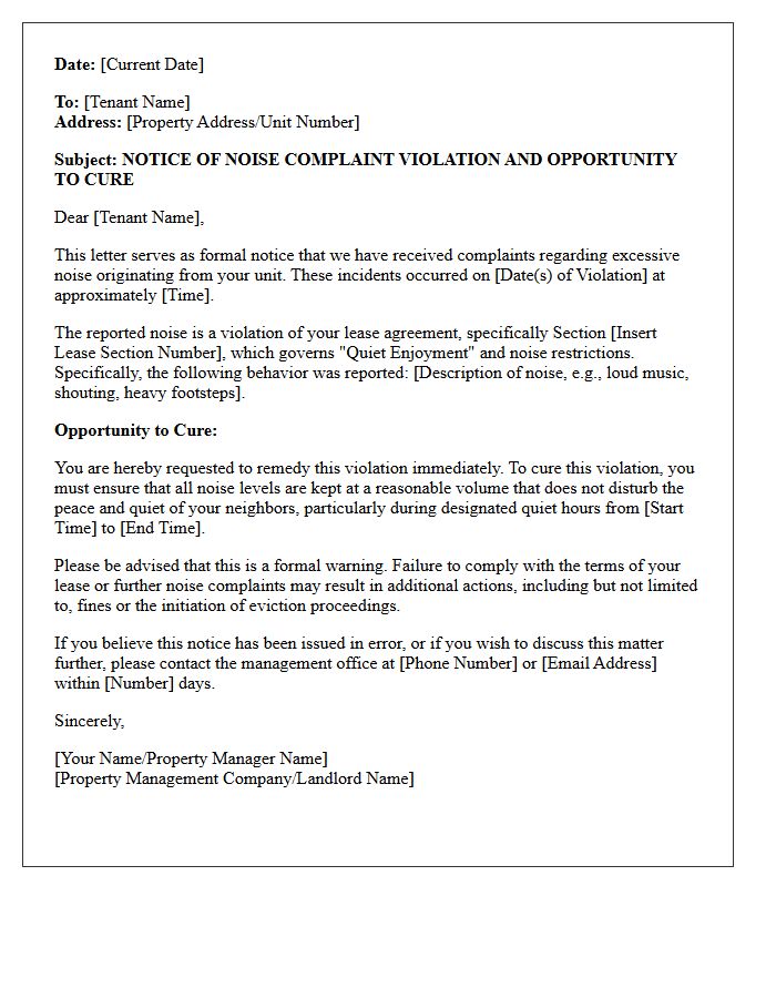 Notice of Noise Complaint Violation and Opportunity to Cure Letter