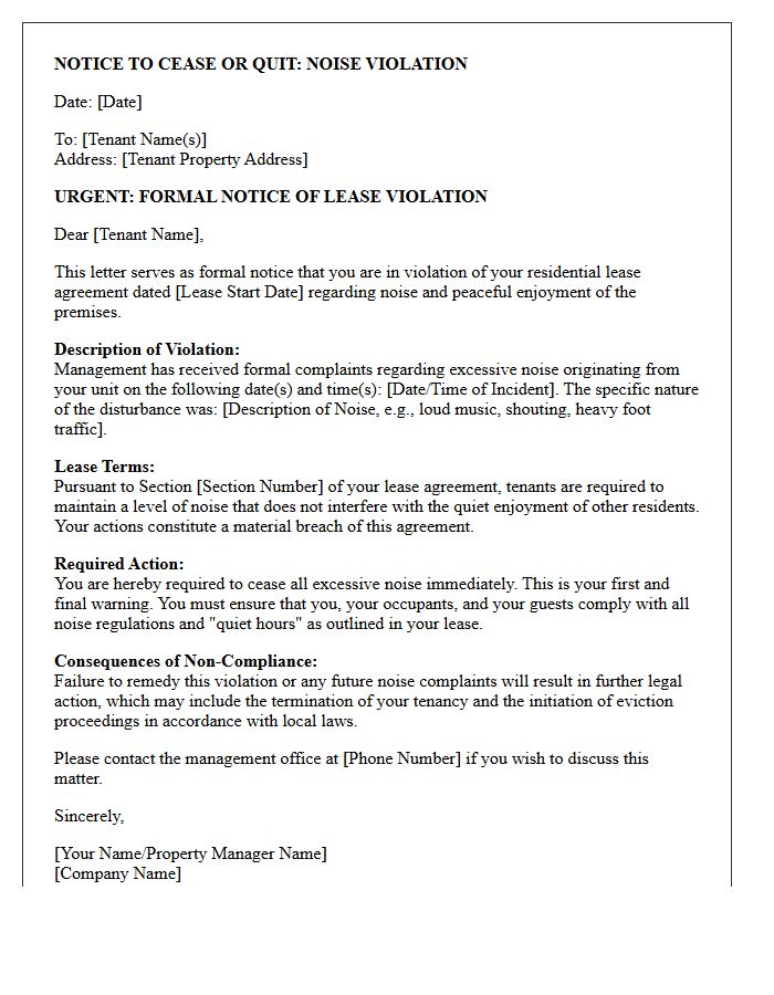 Notice of Noise Complaint Violation Pre-Eviction Letter