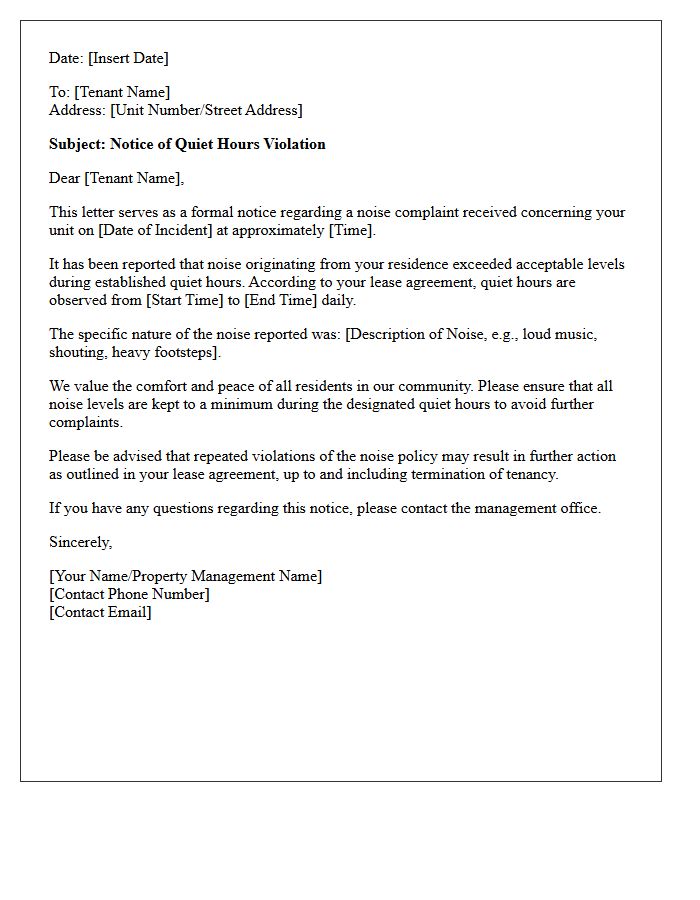 Quiet Hours Notice of Noise Complaint Violation Letter
