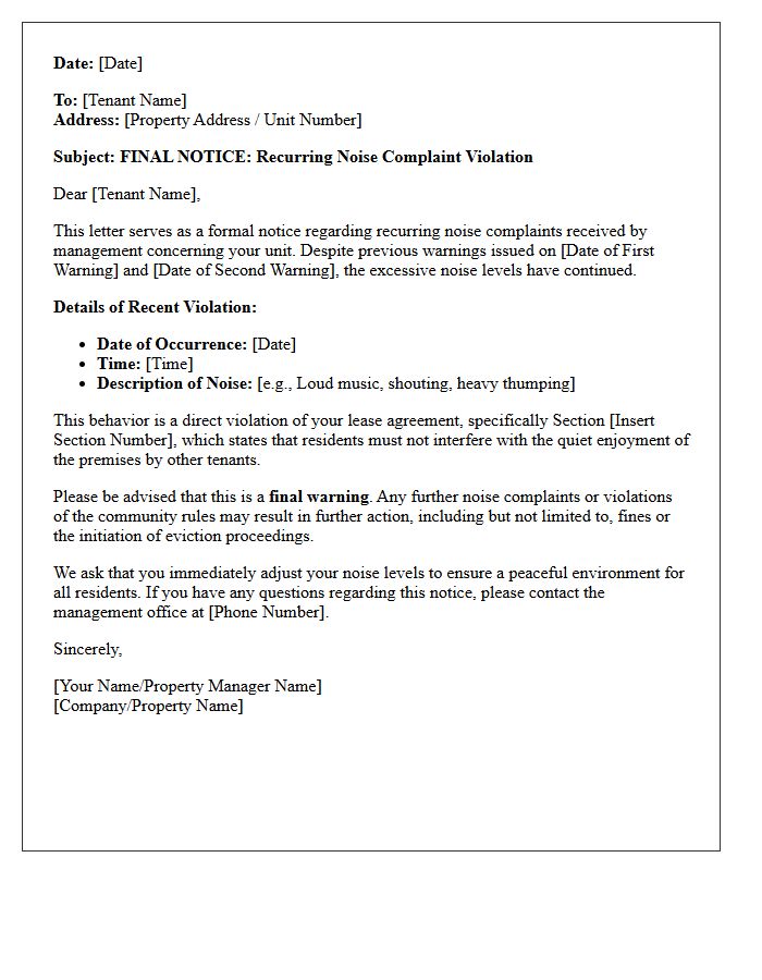 Recurring Notice of Noise Complaint Violation Letter