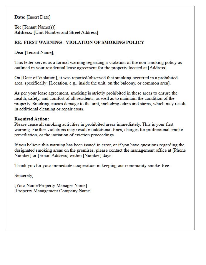 First Warning Letter for Residential Smoking Policy Violation
