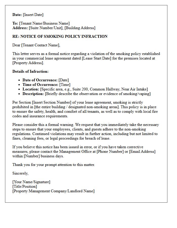 Notice Letter of Smoking Policy Infraction in Commercial Lease