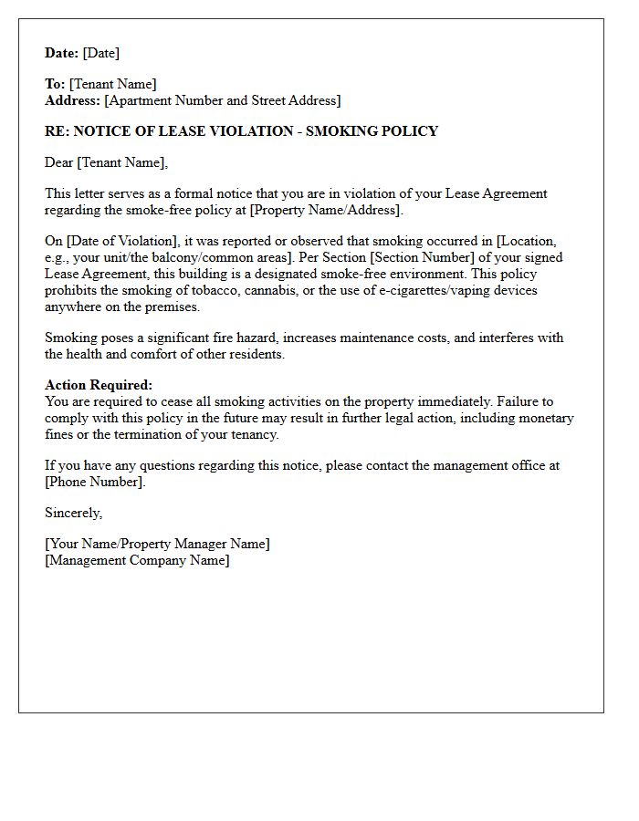 Tenant Violation Letter for Smoking in a Smoke-Free Apartment