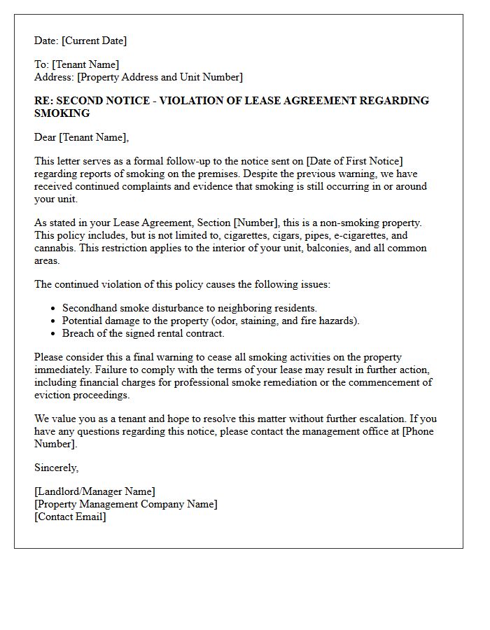 Landlord Notice Letter Regarding Continued Smoking Disturbance