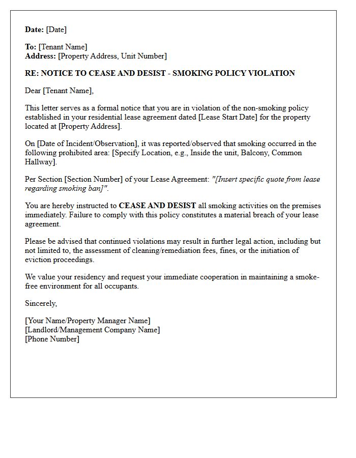 Cease and Desist Letter for Property Smoking Policy Violation