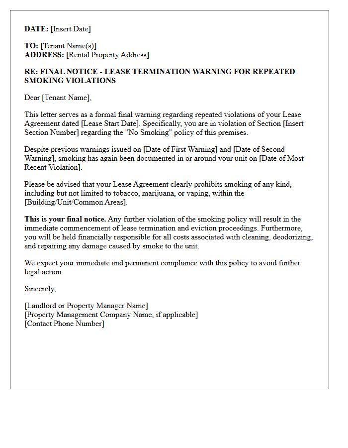 Lease Termination Warning Letter for Repeated Smoking Violations