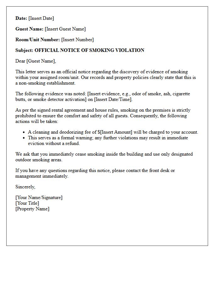 Official Letter of Notice for Guest Smoking on Premises