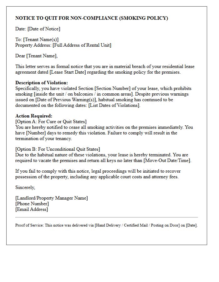 Eviction Notice Letter for Habitual Smoking Policy Breach