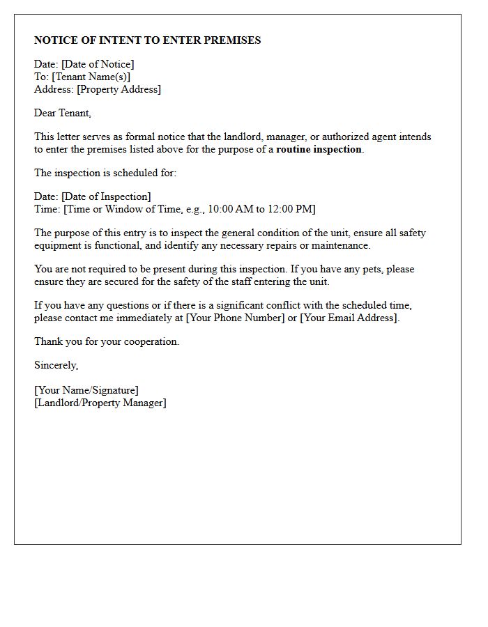 Notice of Intent to Enter Premises for Routine Inspection Letter