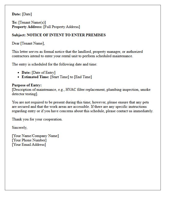 Notice of Intent to Enter Premises for Scheduled Maintenance Letter