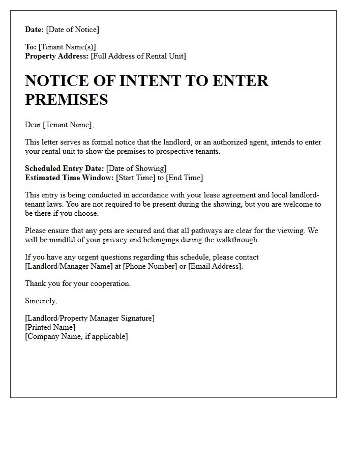 Notice of Intent to Enter Premises for Prospective Tenant Showing Letter