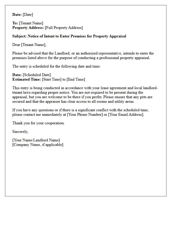 Notice of Intent to Enter Premises for Property Appraisal Letter