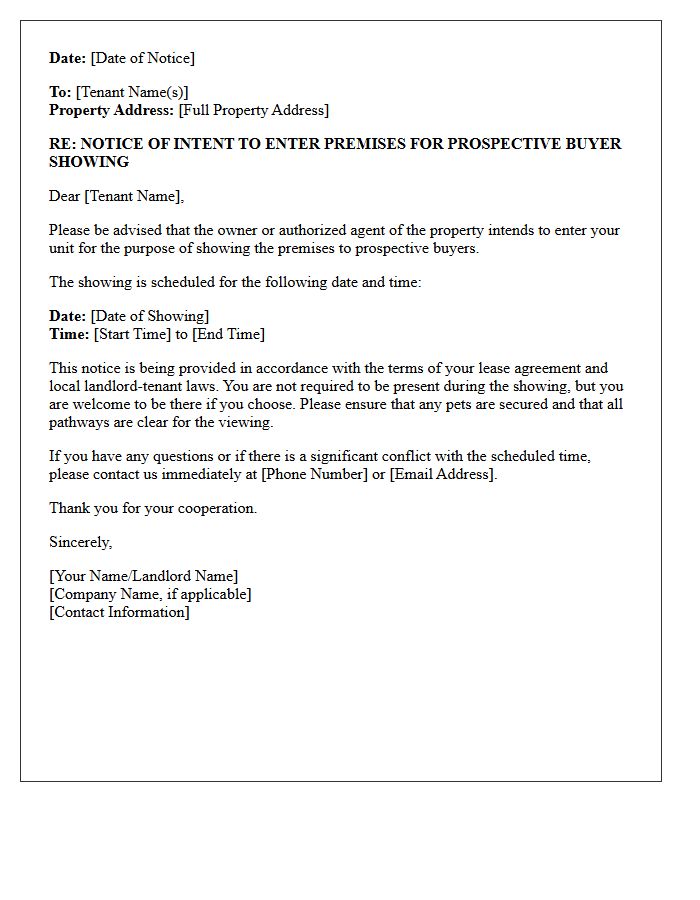 Notice of Intent to Enter Premises for Prospective Buyer Showing Letter