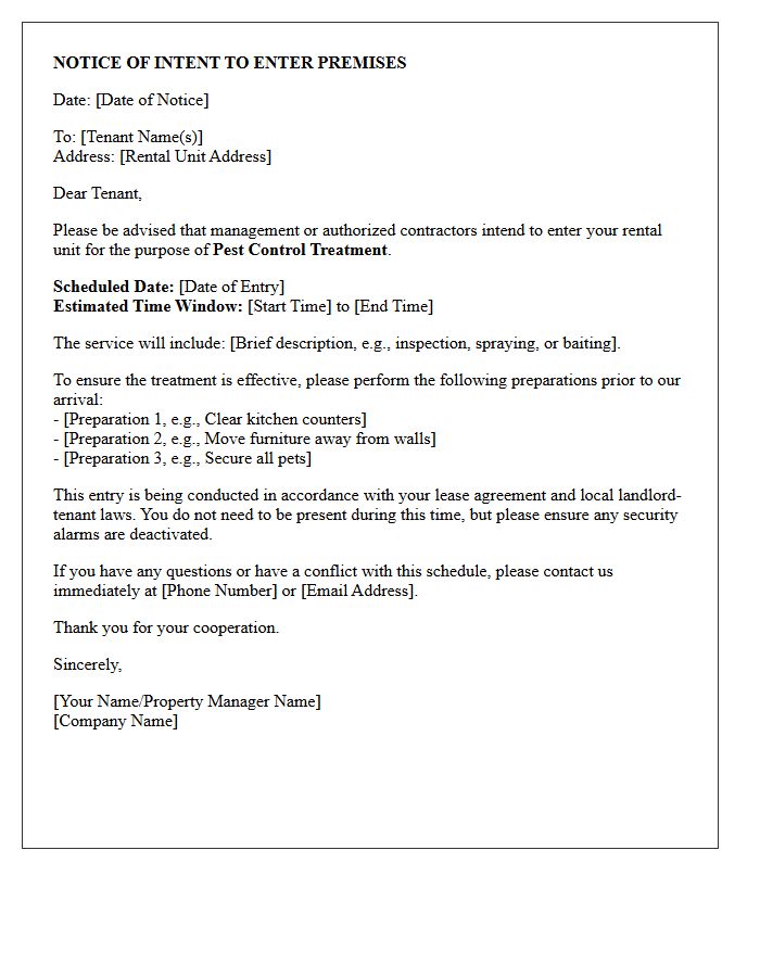Notice of Intent to Enter Premises for Pest Control Treatment Letter