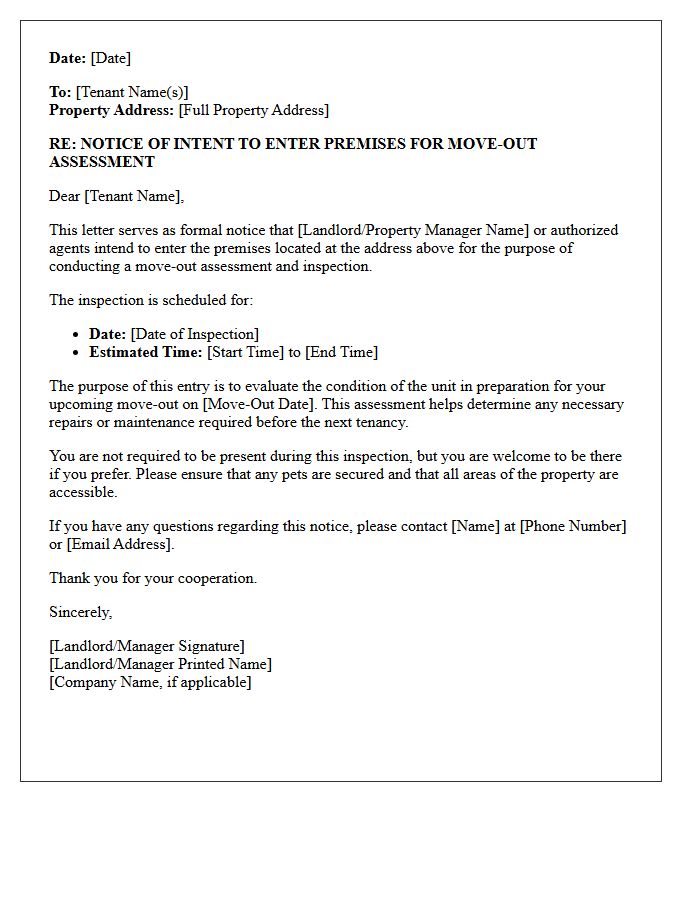 Notice of Intent to Enter Premises for Move-Out Assessment Letter