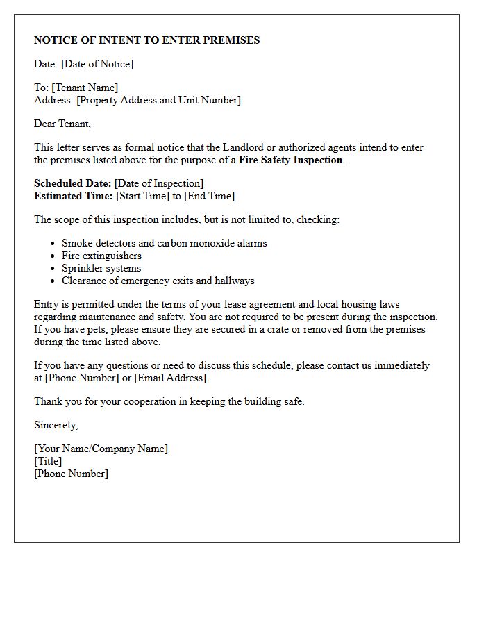 Notice of Intent to Enter Premises for Fire Safety Inspection Letter