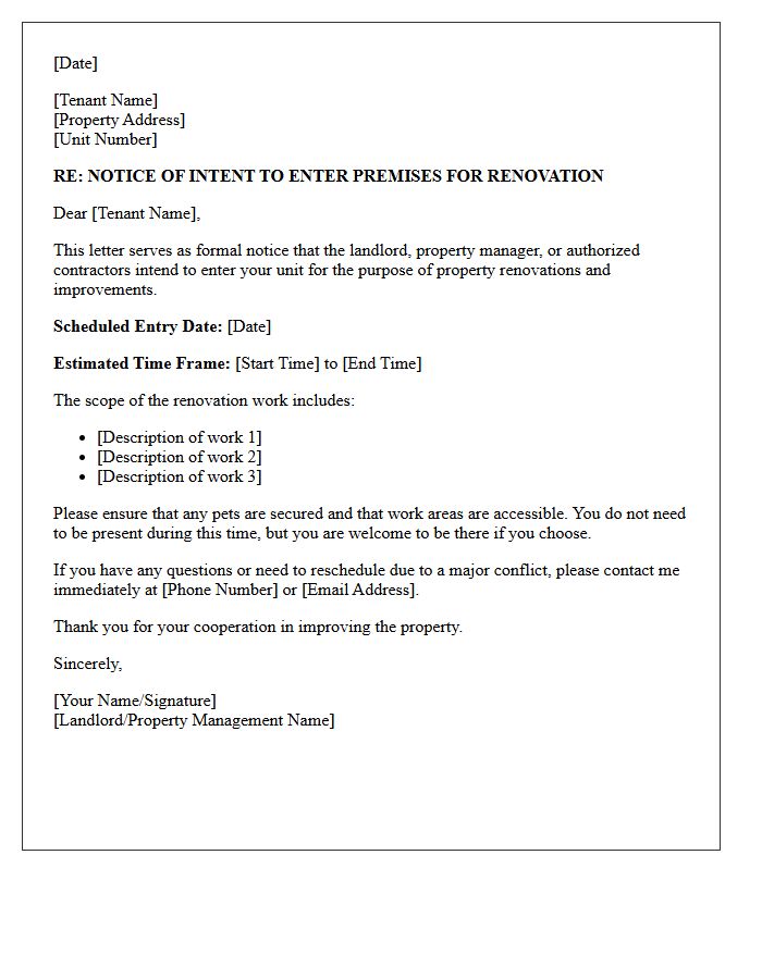 Notice of Intent to Enter Premises for Property Renovation Letter