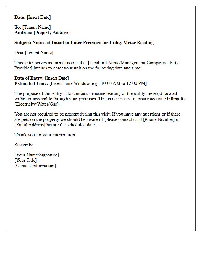 Notice of Intent to Enter Premises for Utility Meter Reading Letter