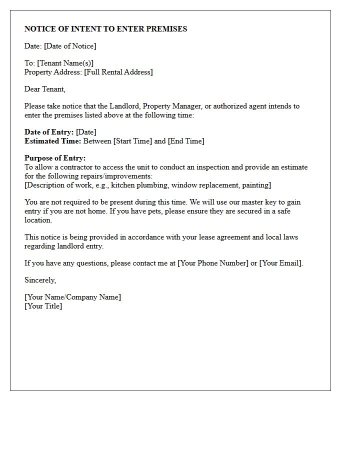 Notice of Intent to Enter Premises for Contractor Estimate Letter