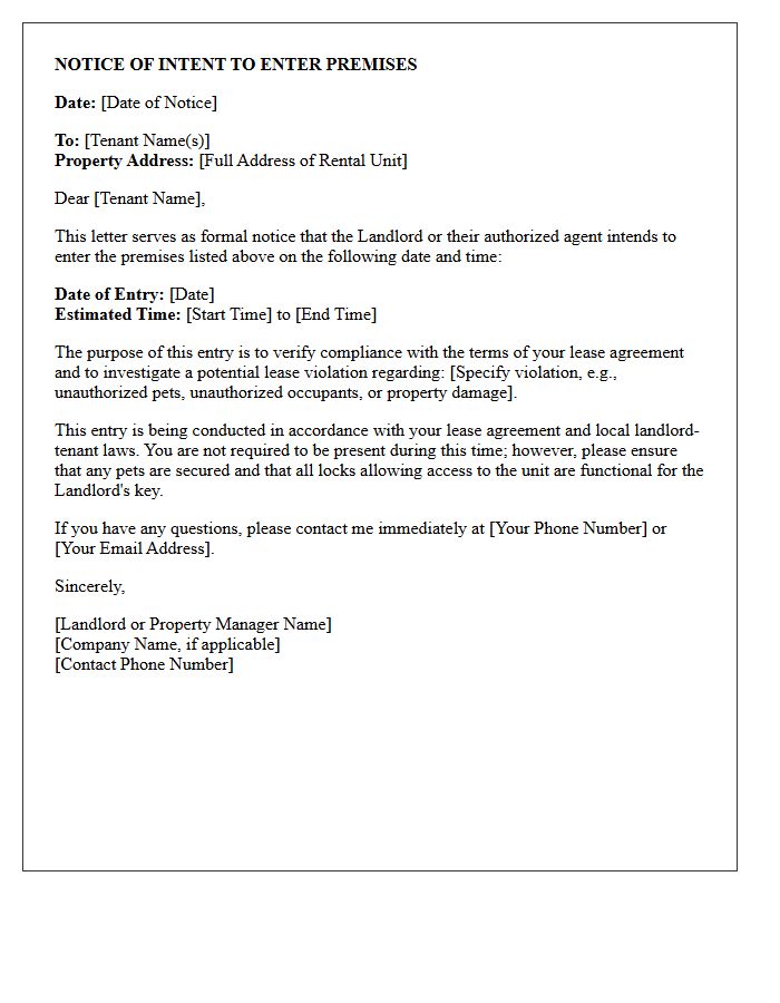 Notice of Intent to Enter Premises for Lease Violation Verification Letter