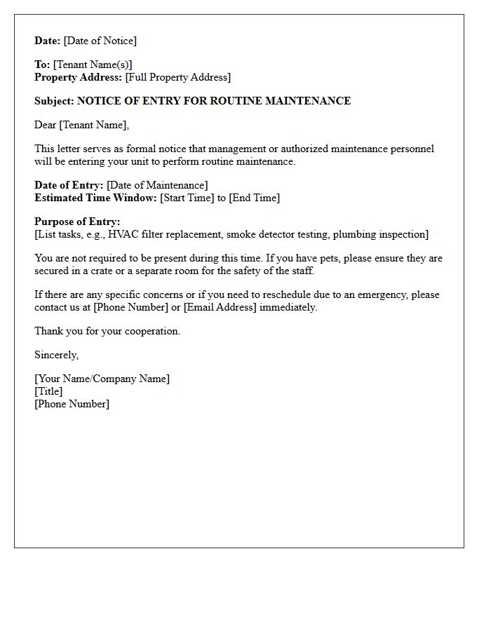 Routine Maintenance Entry Notice Letter
